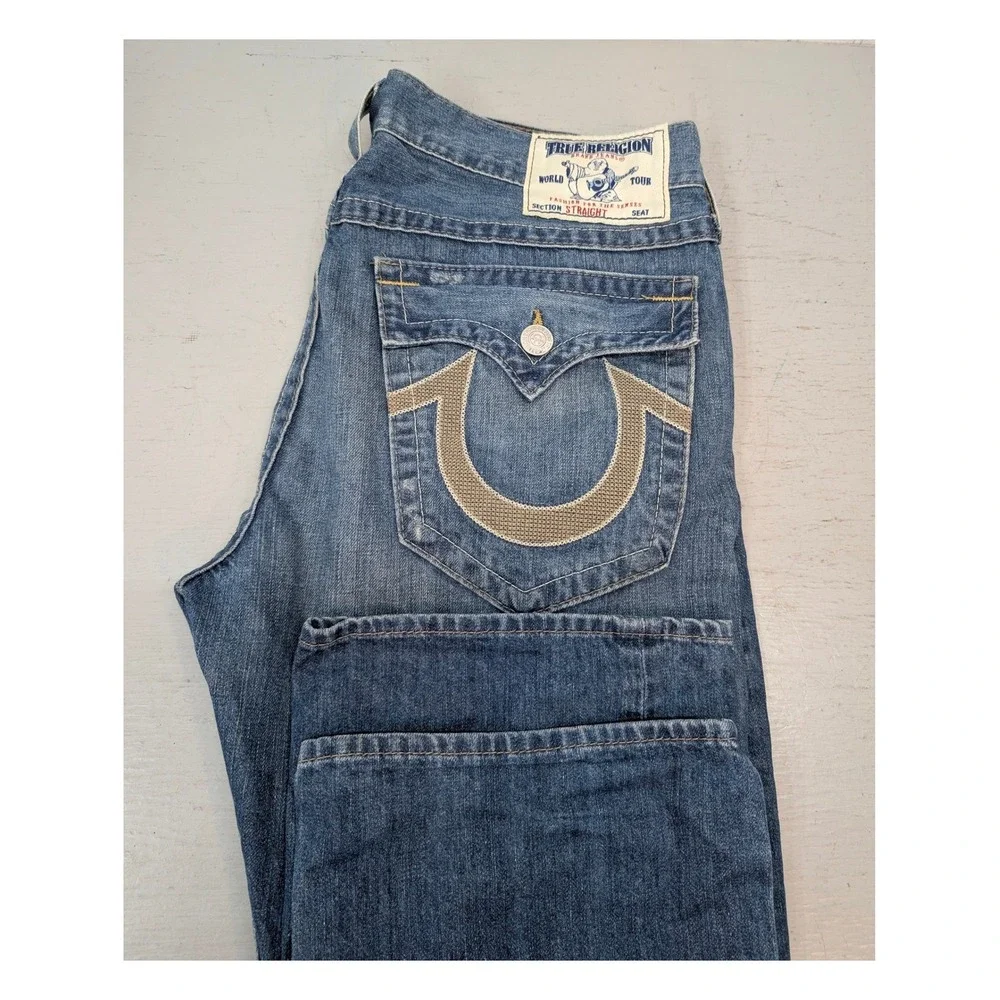 Vintage True Religion Ricky Jeans Men's 38 Straight Leg Blue Flap Pocket USA Y2K